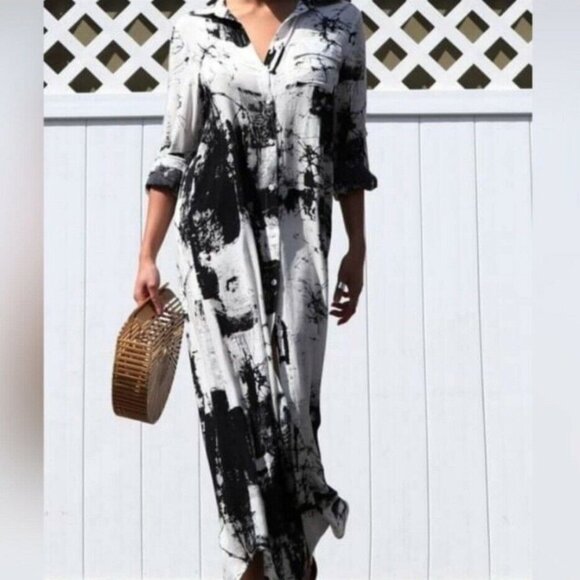 Boutique Dress Day Abstract Oversized Button Front Shirt Dress Black White Maxi - Picture 10 of 13